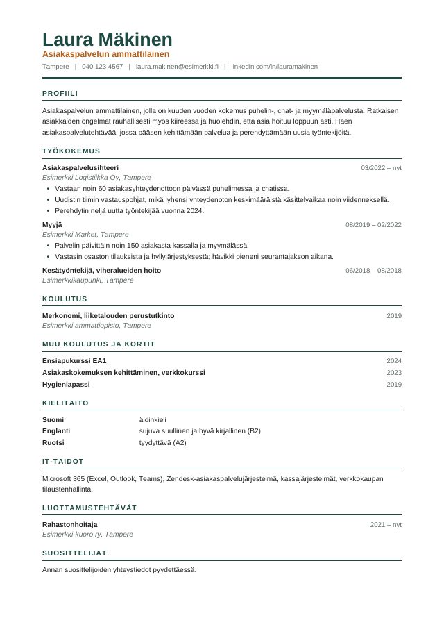 CV-pohja, Moderni-tyyli: havunvihreä nimi, oranssi ammattinimike ja vihreät osio-otsikot