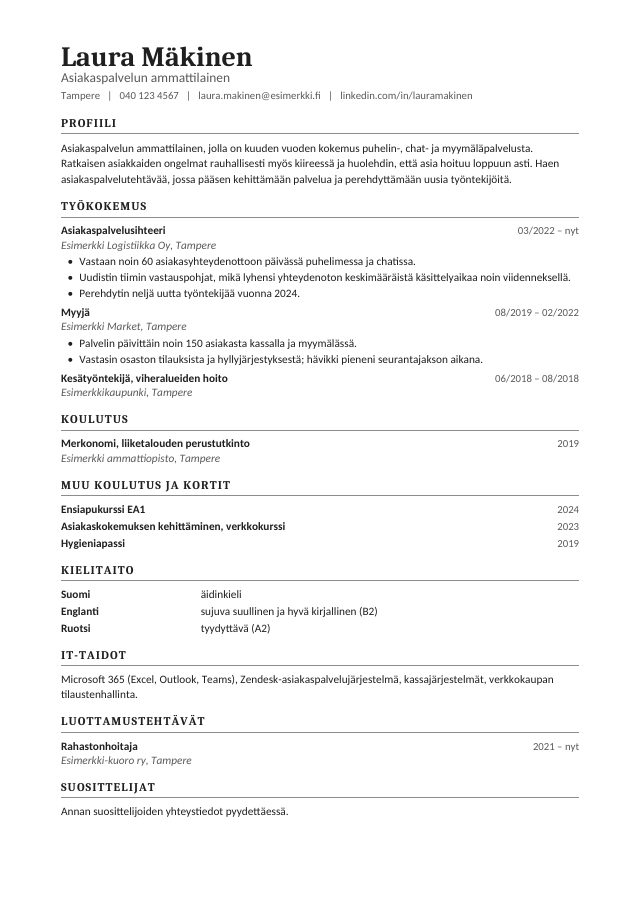 CV-pohja, Perinteinen-tyyli: musta serif-nimi, harmaat osio-otsikot ja ohuet viivat